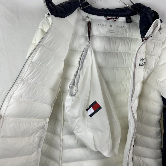Tommy Hilfiger Womens Packable Hooded Puffer Jacket White Navy Blue Size Large - Picture 3 of 11